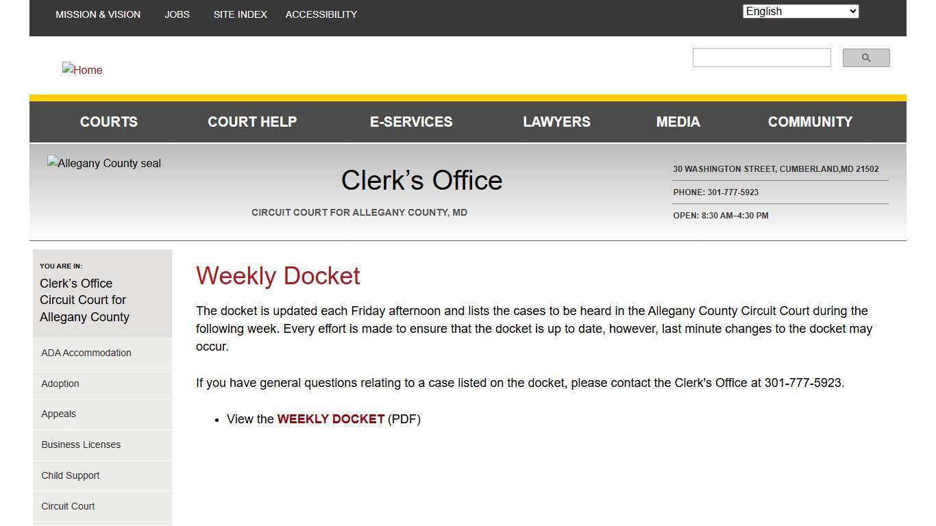Weekly Docket Maryland Courts